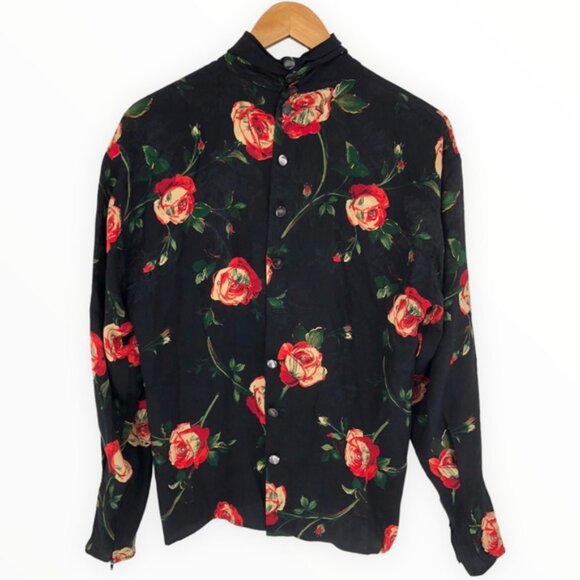 80’s Vintage Ungaro Rose Print Silky Blouse Long Sleeves - Picture 8 of 12